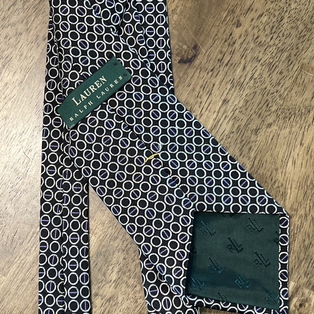Lauren Ralph Lauren Vintage 100% Silk Tie Black Silver Purple Green Label